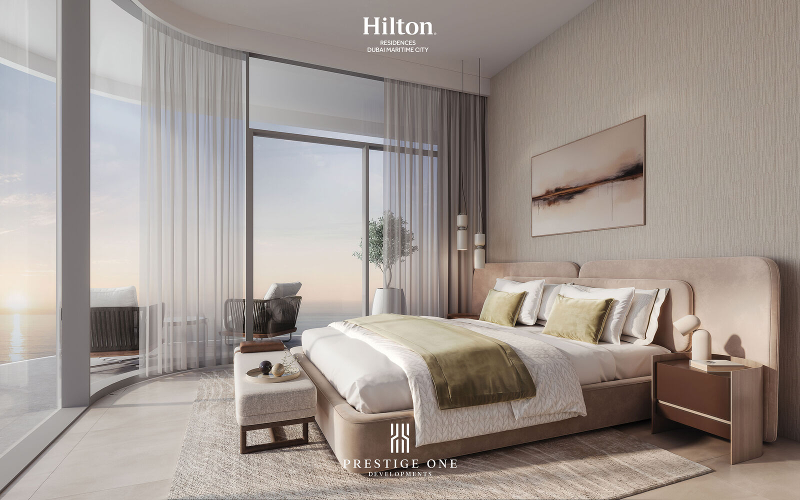 Hilton Residences Dubai Maritime City: master bedroom of a three-bedroom residence