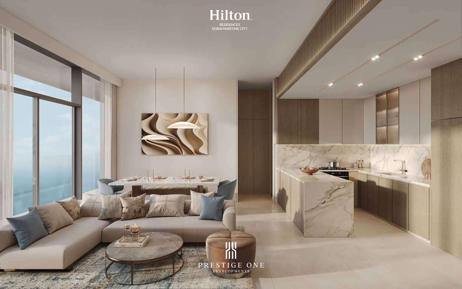 Hilton Residences Dubai Maritime City: living, dining and kitchen of a one-bedroom residence