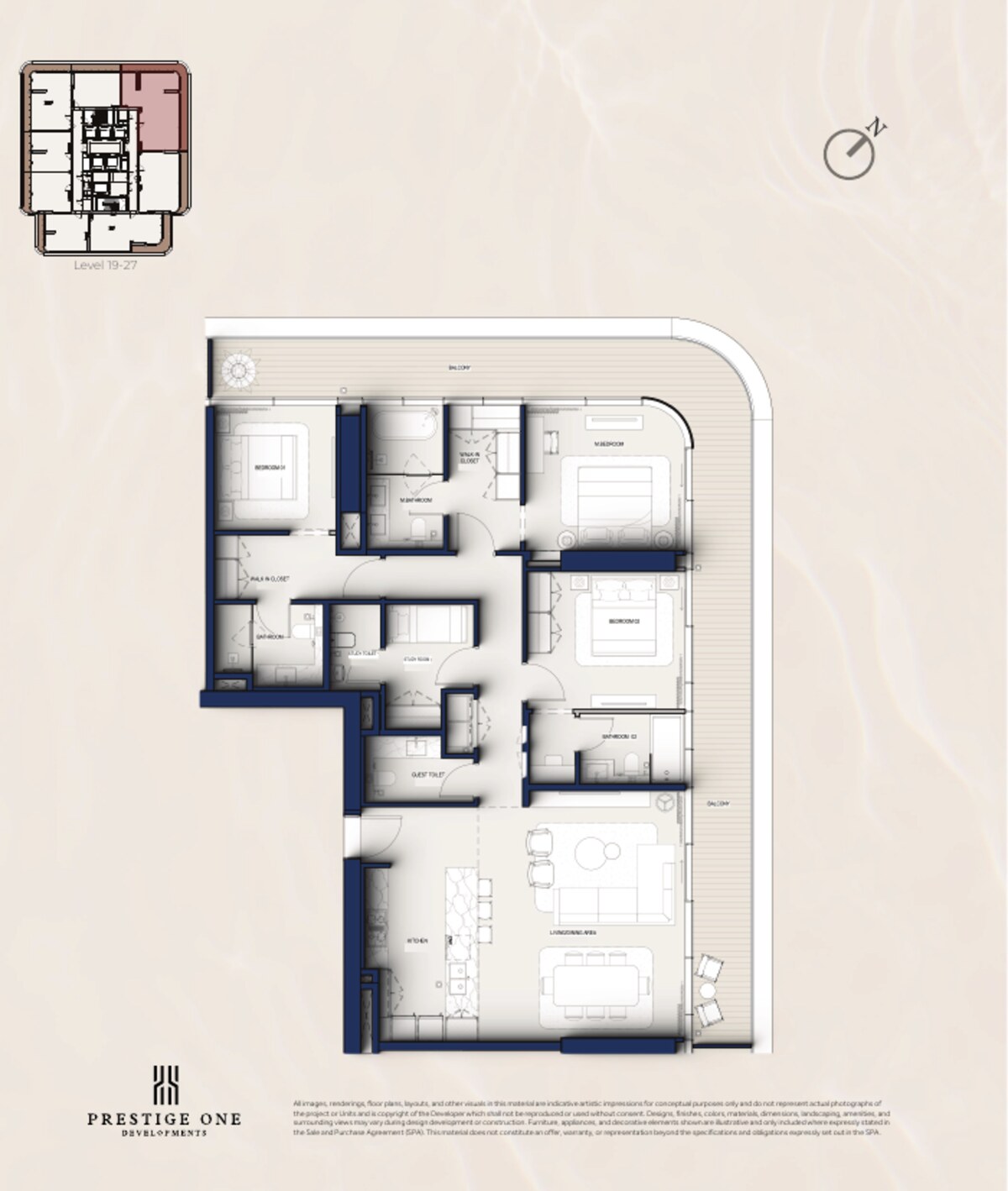 Floor plan of a three-bedroom Type A residence at Hilton Residences Dubai Maritime City