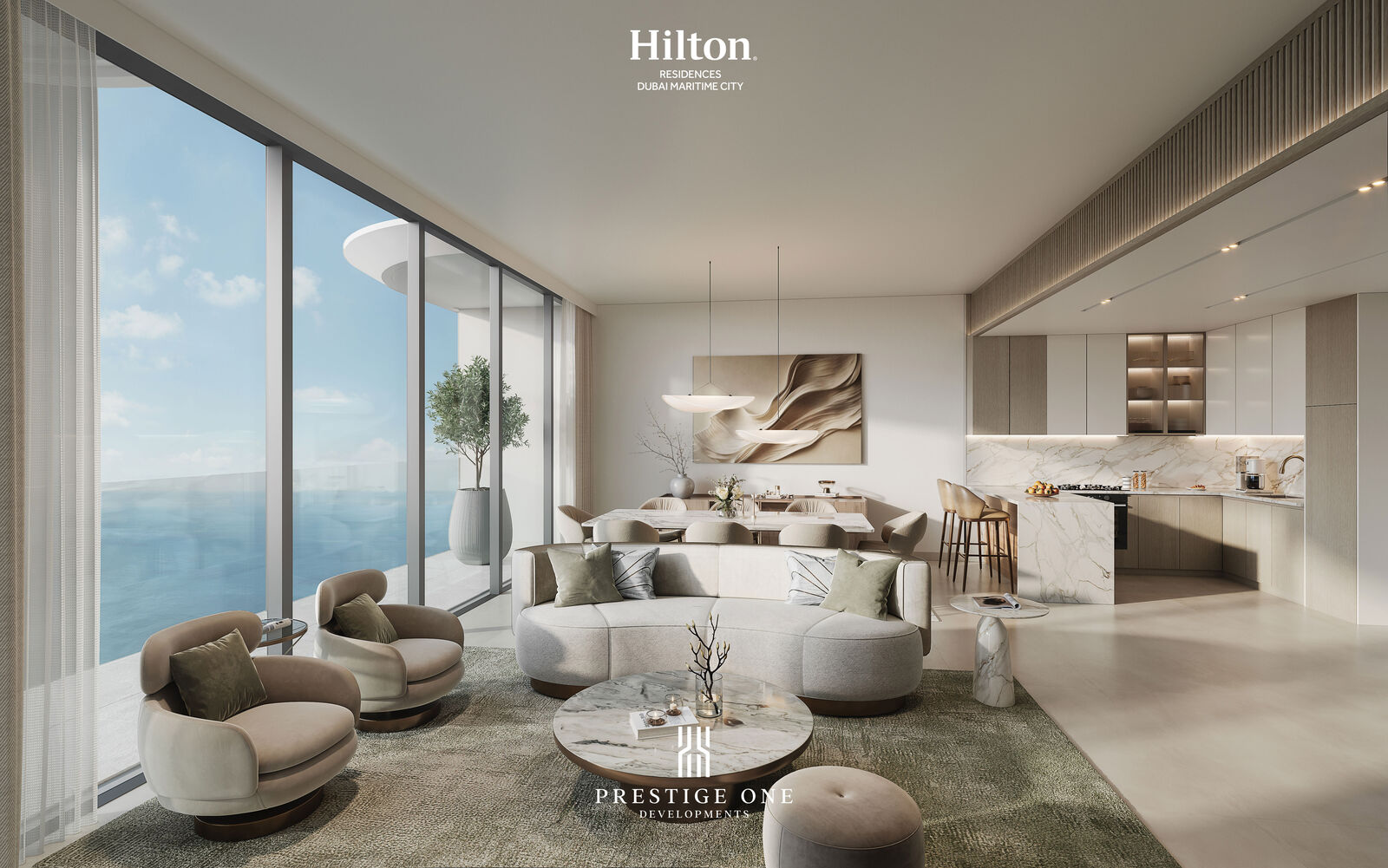 Hilton Residences Dubai Maritime City: living, dining and kitchen of a two-bedroom residence