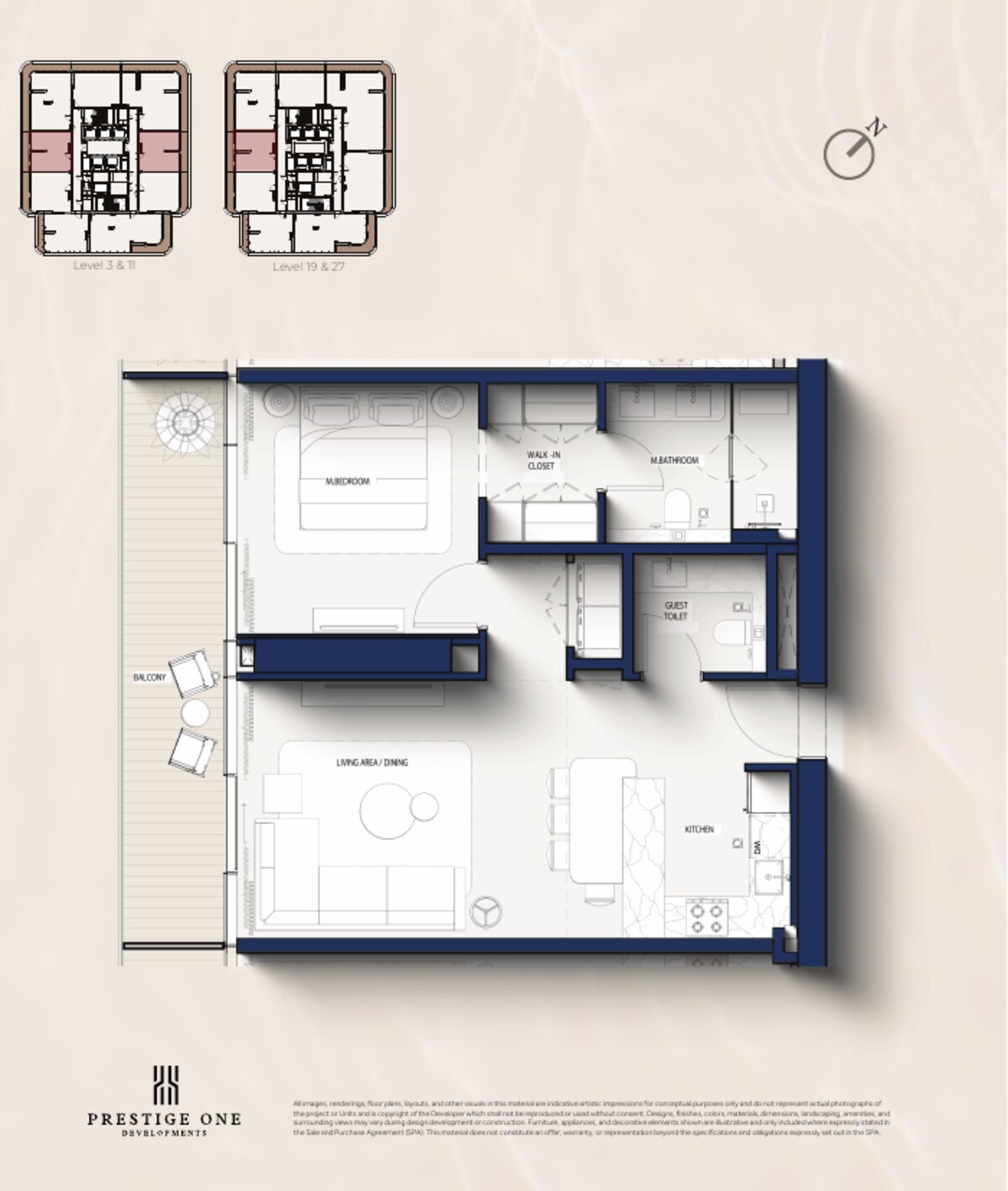 Floor plan of a one-bedroom Type A residence at Hilton Residences Dubai Maritime City