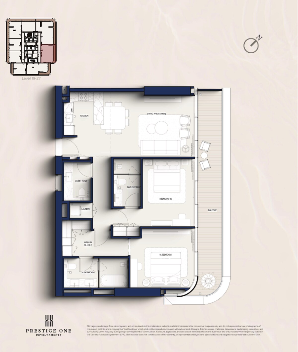 Floor plan of a two-bedroom Type A residence at Hilton Residences Dubai Maritime City